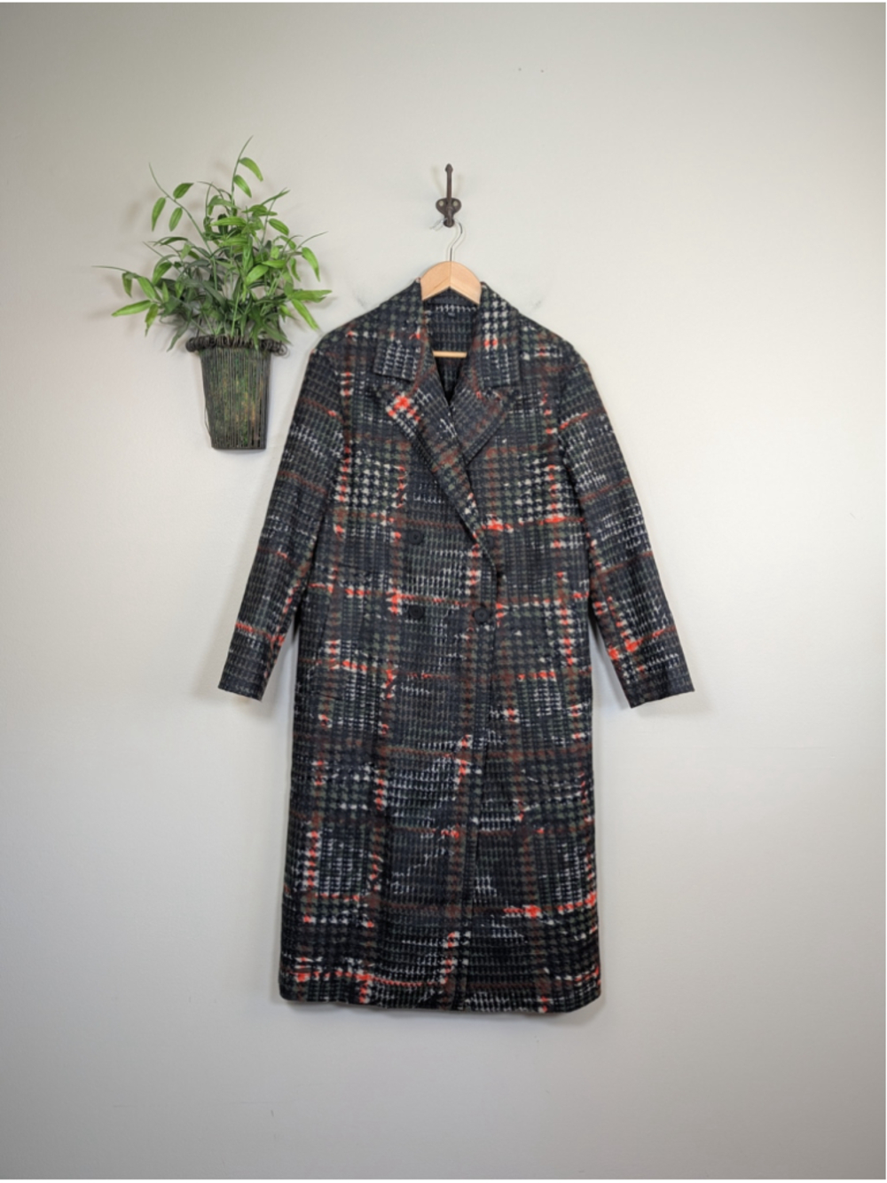 NWOT AllSaints 4 Lottie Camo Plaid Trench Coat Double Breasted Peacoat Jacket